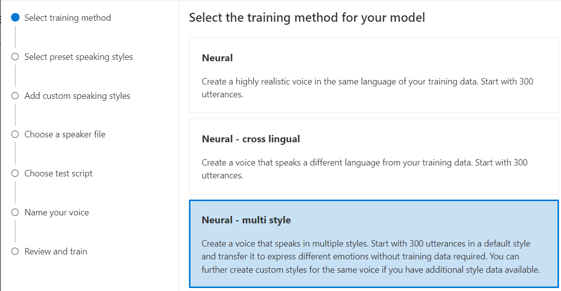 Screenshot that shows how to select neural multi style training.