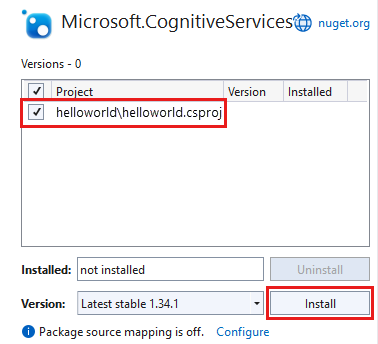 Captura de tela que mostra o pacote Microsoft.CognitiveServices.Speech selecionado, com o projeto e o botão Instalar realçados.