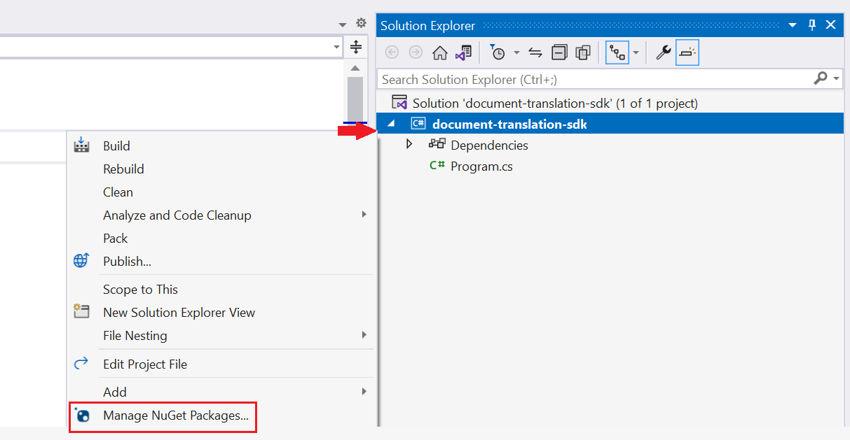 Captura de tela da janela de pacote NuGet selecionada no Visual Studio.