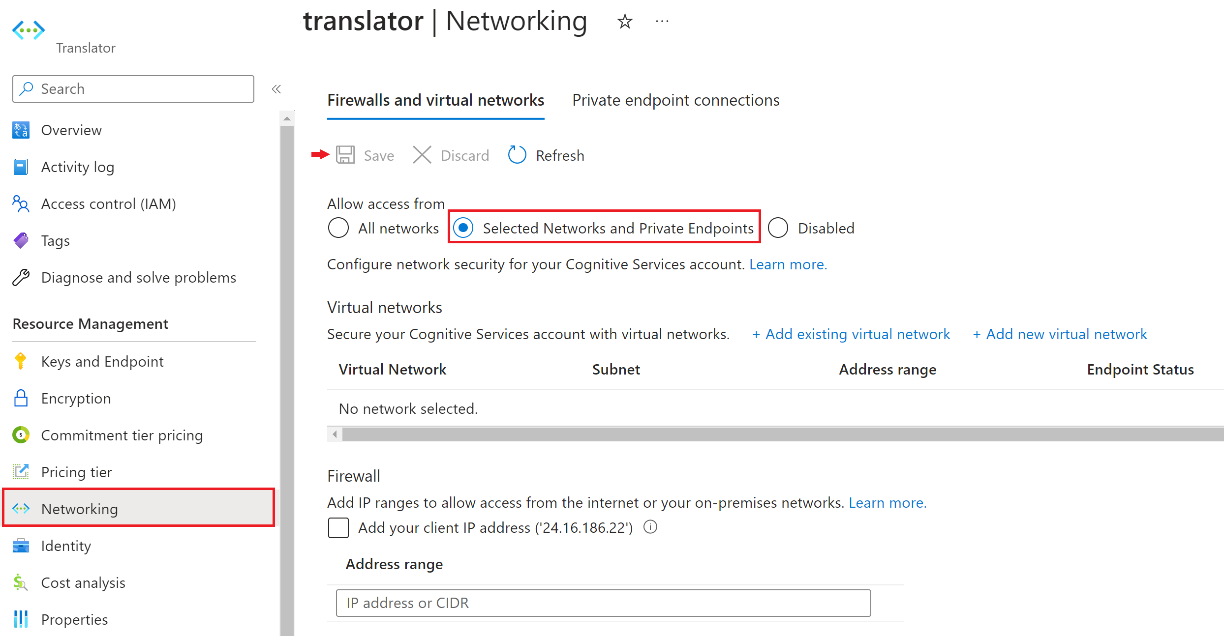 Captura de ecrã da definição de rede virtual no portal do Azure.