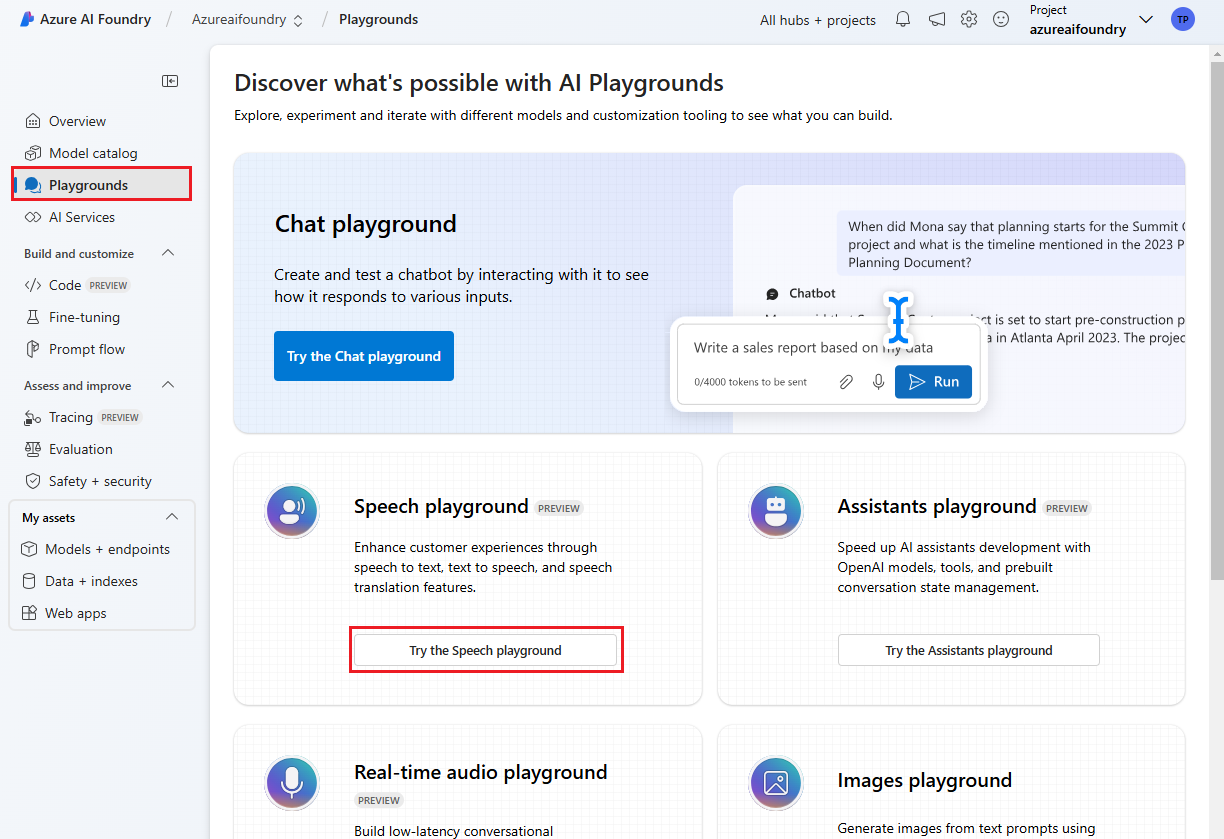 Captura de tela dos playgrounds de nível de projeto que você pode usar.