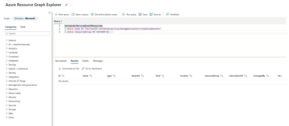 Captura de ecrã que mostra um registo de notificação no Azure Resource Graph.