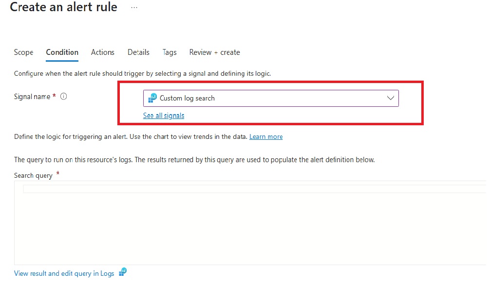 Captura de tela que mostra a seleção de uma pesquisa de log personalizada no painel para criar uma regra de alerta.