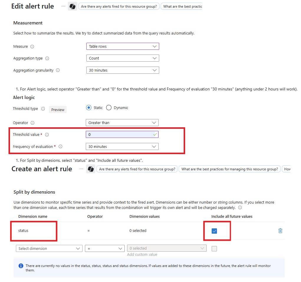Captura de ecrã das opções de configuração para condições de alerta.