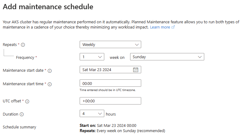 Uma captura de tela do portal do Azure mostrando as opções de configuração da agenda de manutenção na página Adicionar agenda de manutenção de um cluster AKS existente.