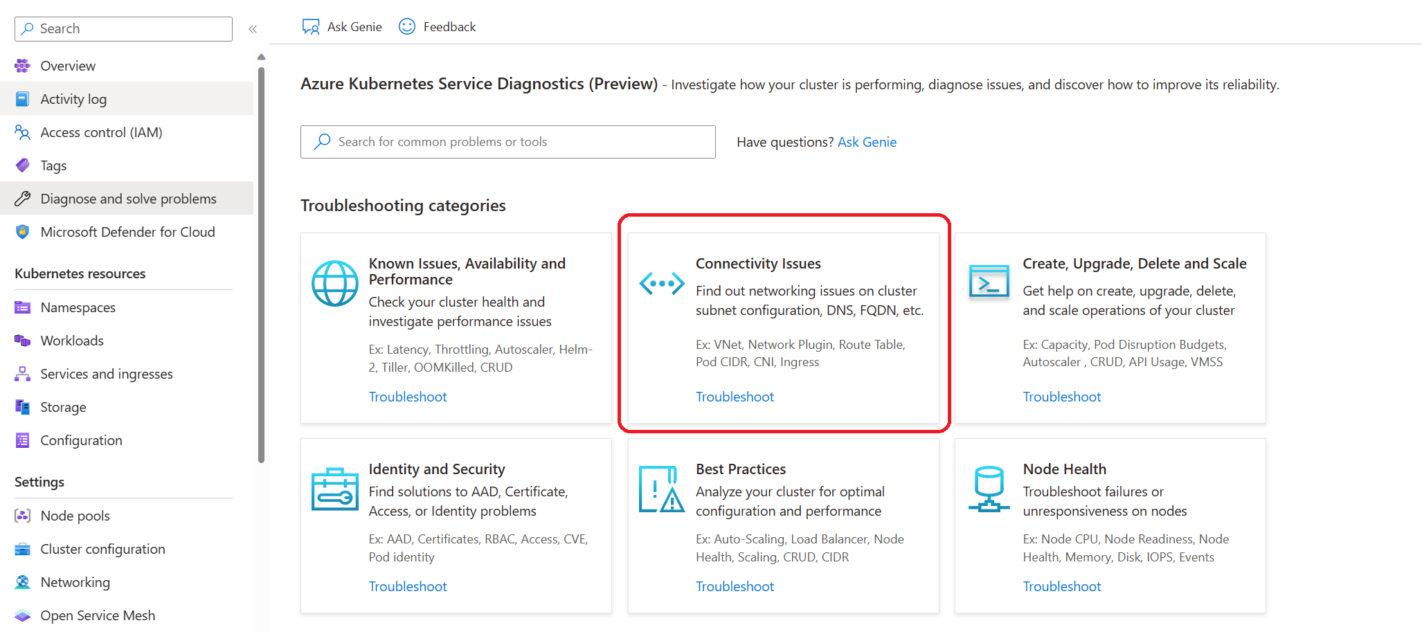 captura de ecrã do AKS Diagnosticar e resolver problemas Resultados – Mosaico de Rede.