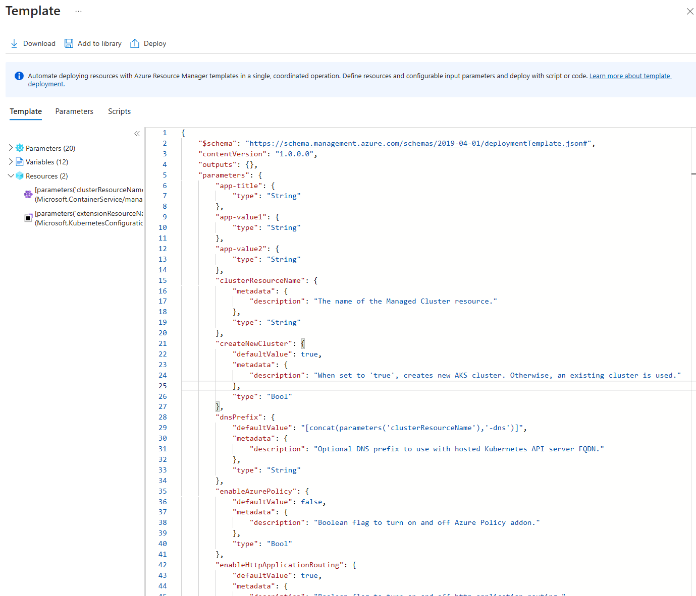 Captura de ecrã a mostrar um modelo do ARM para uma aplicação do Kubernetes.