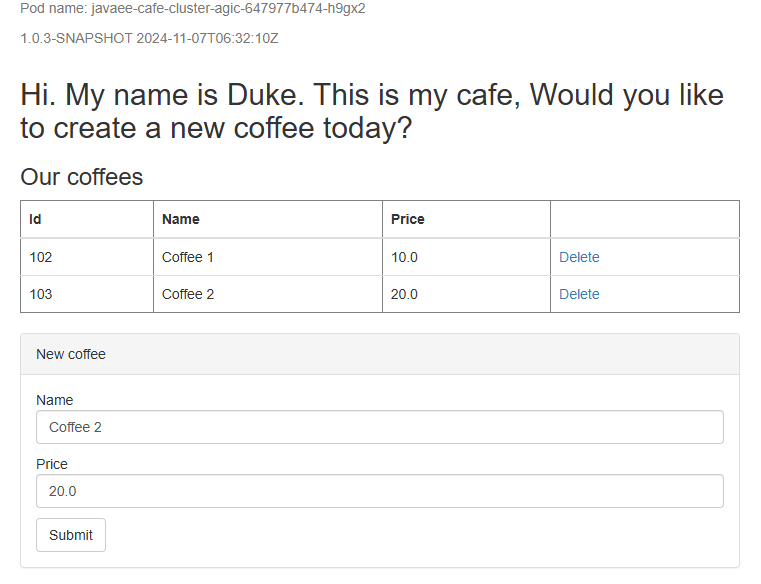 Captura de tela do aplicativo Java liberty implementado com sucesso no AKS.