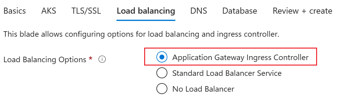 Captura de tela do portal do Azure que mostra a configuração mais simples possível do balanceador de carga na página Criar o Oracle WebLogic Server no Serviço Kubernetes do Azure.