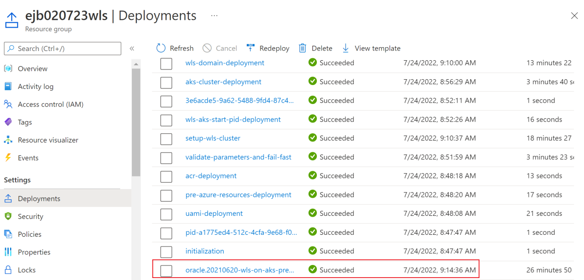 Captura de ecrã do portal do Azure que mostra a lista de implementações do grupo de recursos.