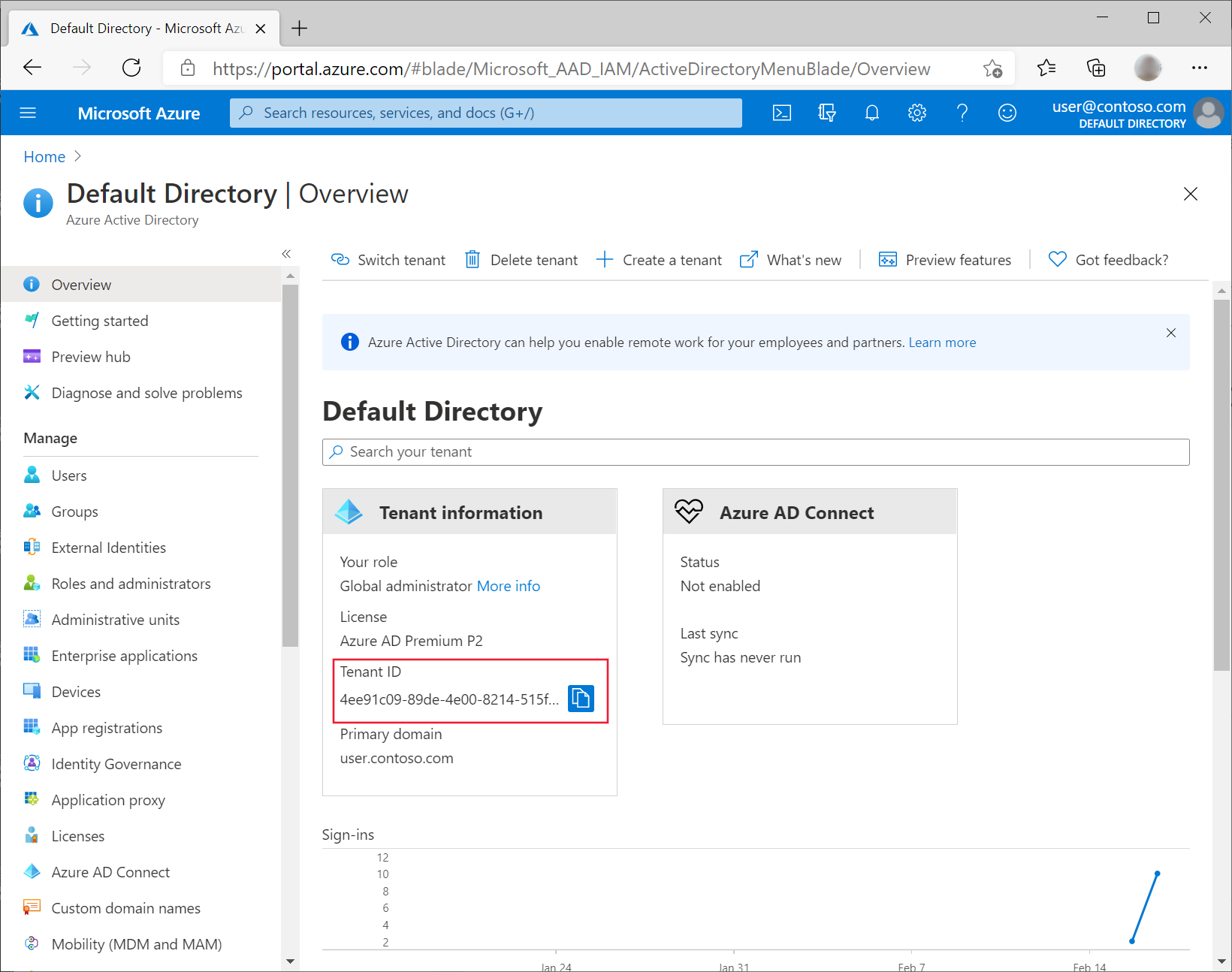 Num browser, o ecrã portal do Azure do Azure Active Directory é apresentado com o ID do inquilino realçado.