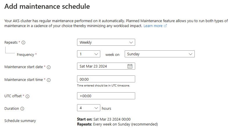 Captura de ecrã que mostra o painel para adicionar um calendário de manutenção no portal Azure.