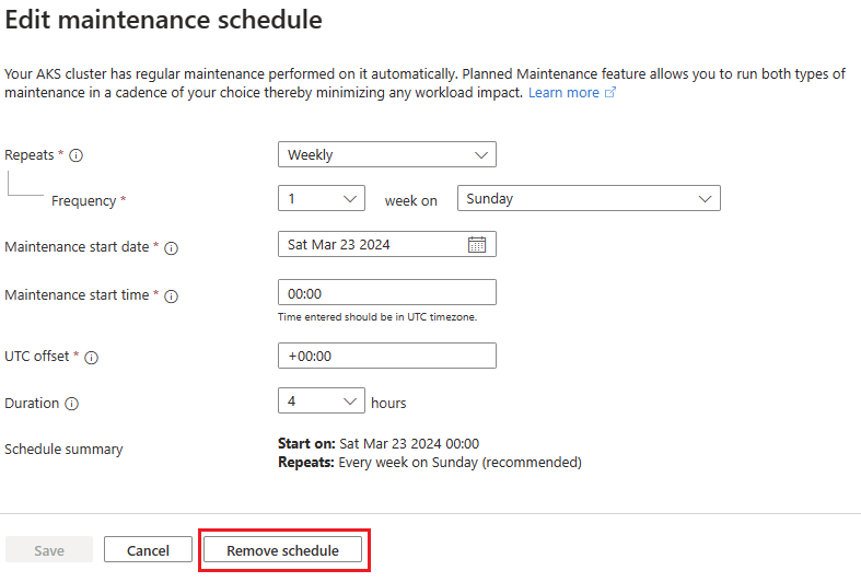 Captura de ecrã que mostra o painel para editar uma janela de manutenção com o botão para remover um horário no portal Azure.