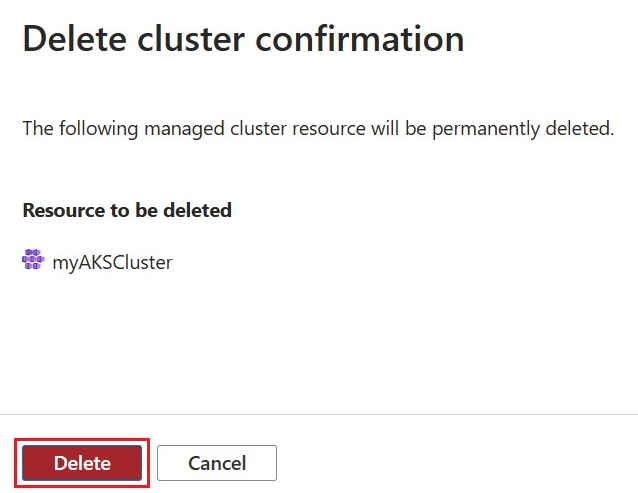Captura de ecrã do ecrã de confirmação Eliminar cluster.