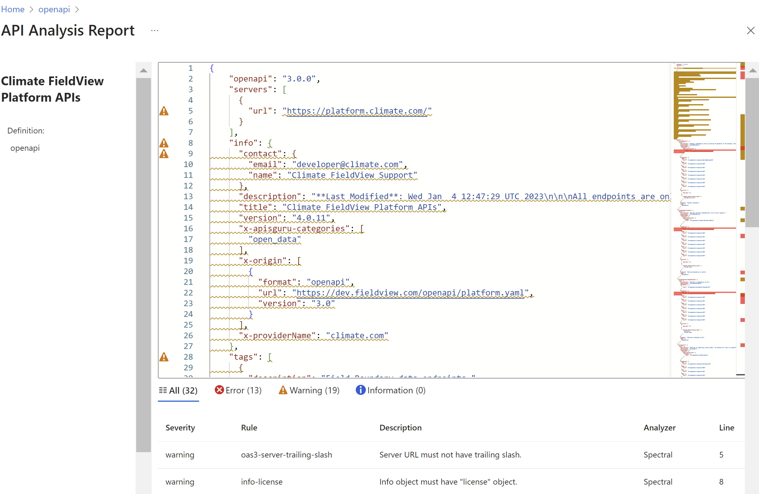 Captura de tela de um relatório de análise de API no portal.