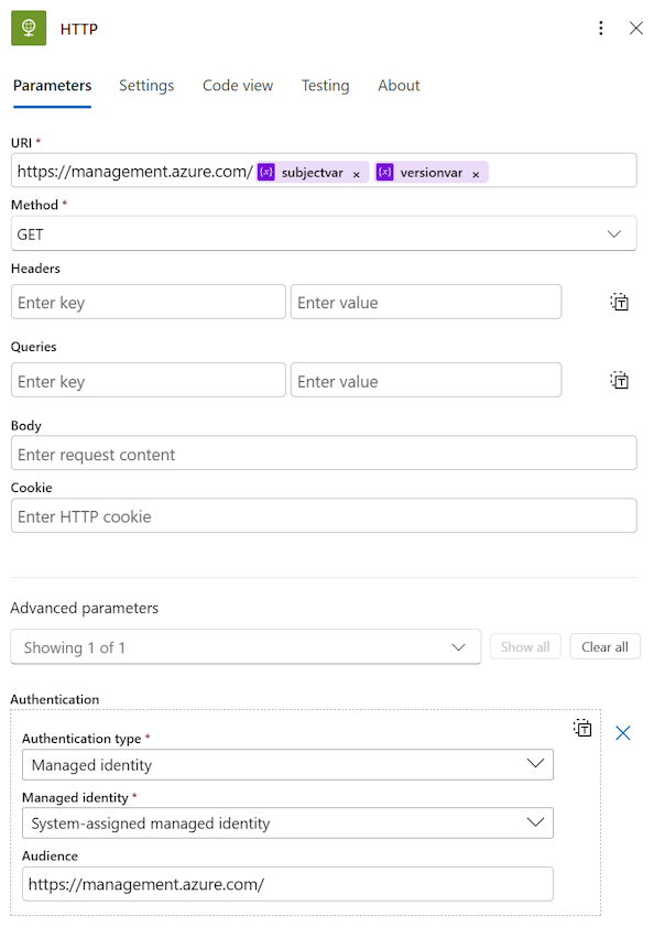 Captura de ecrã da ação HTTP GET no Azure portal.