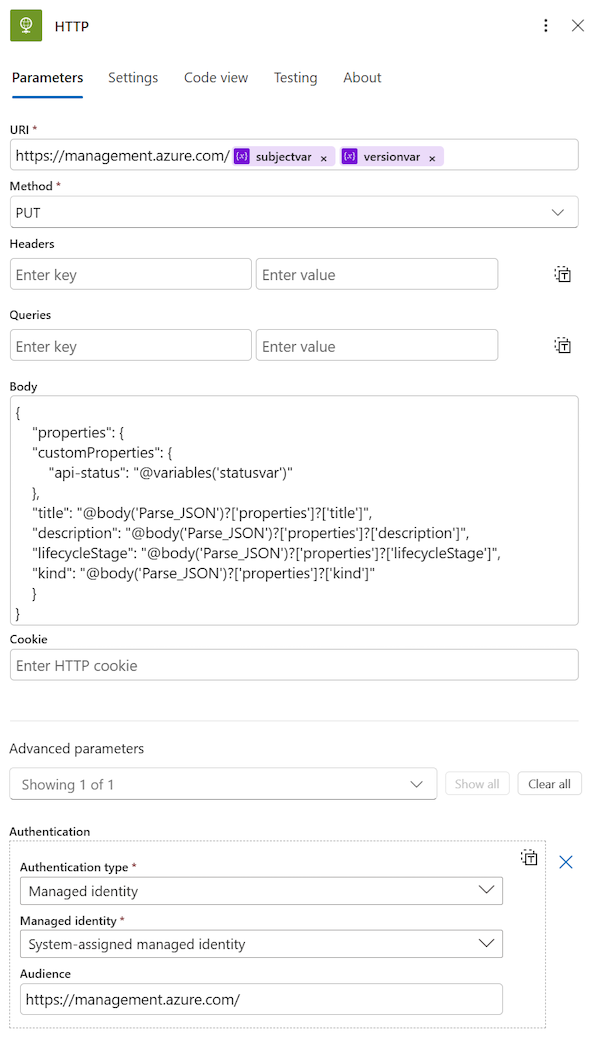 Captura de ecrã da ação HTTP PUT no portal do Azure.
