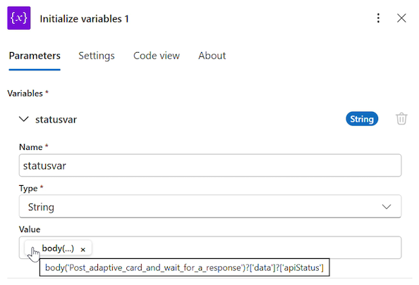 Captura de ecrã a inicializar a variável statusvar no portal do Azure mostrando o script completo quando o cursor está sobre.