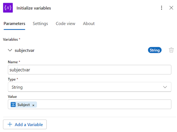  Captura de ecrã da inicialização da variável subjectvar no Azure portal.