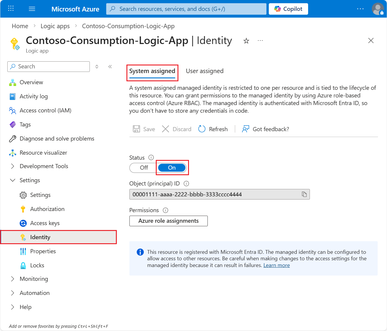 Captura de ecrã da configuração da identidade gerida para uma aplicação lógica na Azure portal.