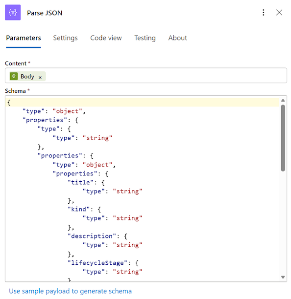 Captura de ecrã da ação de análise JSON com o esquema na Azure portal.