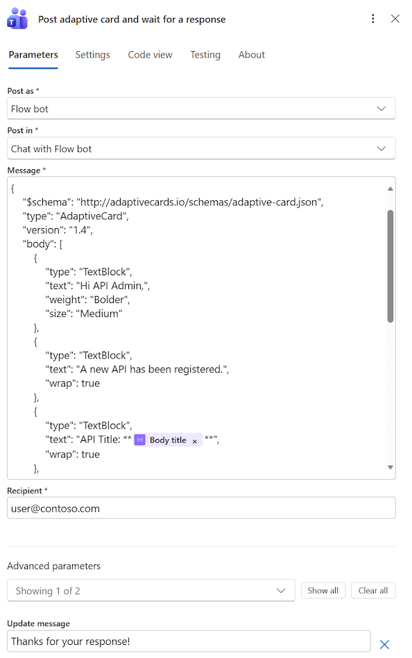Captura de ecrã da ação do cartão adaptativo para o Teams no portal do Azure.