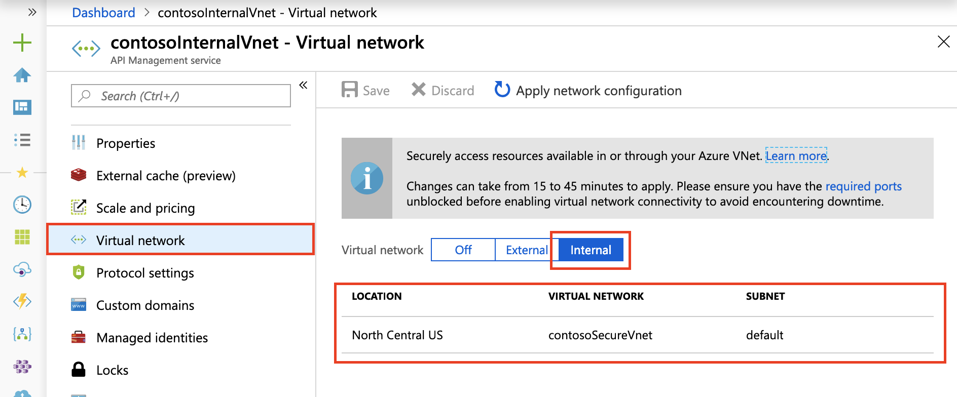 Configurar a rede virtual interna no portal do Azure