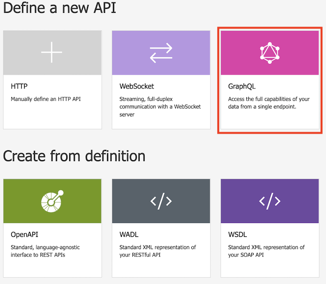 Captura de ecrã a mostrar a seleção do ícone do GraphQL na lista de APIs.