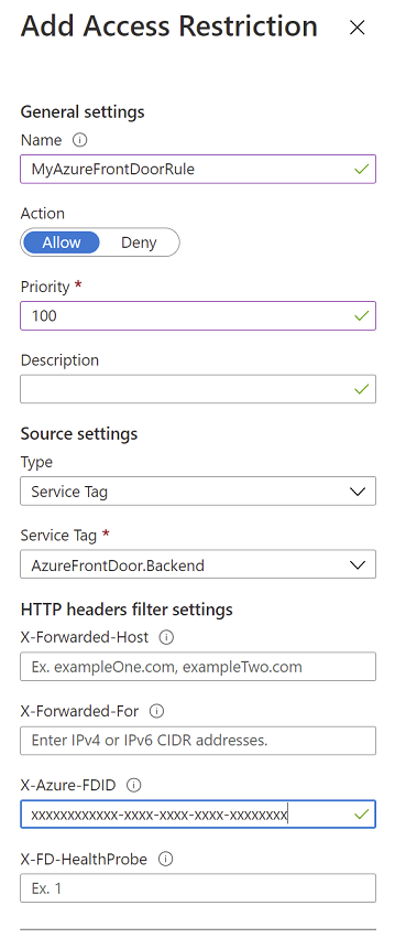 Captura de ecrã da página 'Restrições de acesso' no portal do Azure, mostrando como adicionar a restrição da Porta da Frente do Azure.