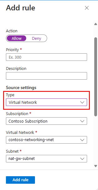 Captura de ecrã do painel 'Adicionar restrição' com o tipo de Rede Virtual selecionado.