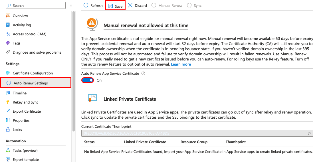 Captura de ecrã a mostrar as definições de renovação automática do certificado especificado.