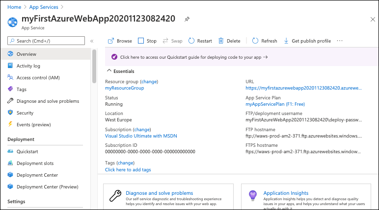 Captura de ecrã da página de descrição geral portal do Azure - Serviço de Aplicações.
