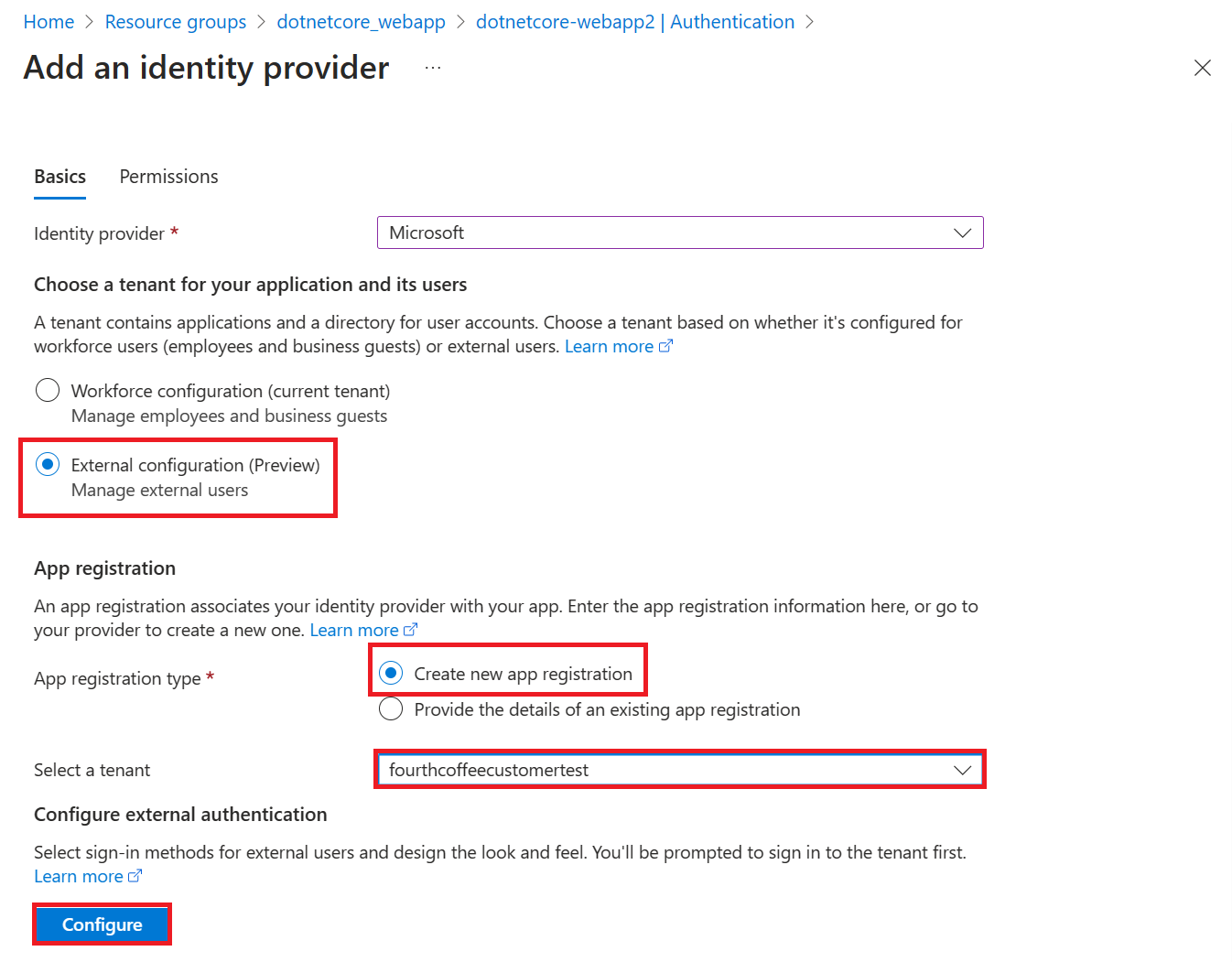 Captura de tela que mostra a página Adicionar um provedor de identidade.