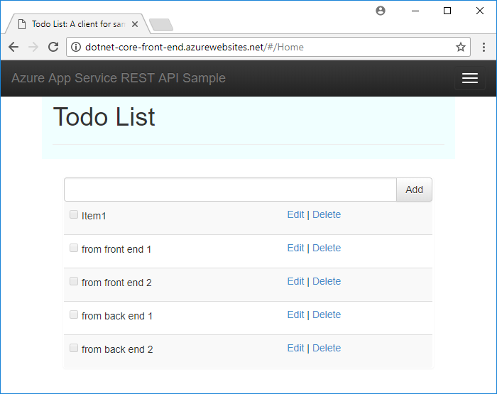 A screenshot de um Serviço de Aplicações do Azure REST API Sample numa janela do navegador, que mostra uma aplicação para fazer lista com itens adicionados da aplicação frontal.