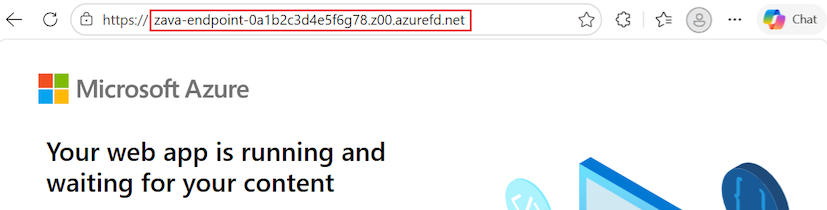 Captura de ecrã da mensagem do navegador para uma ligação bem-sucedida a uma aplicação App Service usando o nome do anfitrião do ponto final.