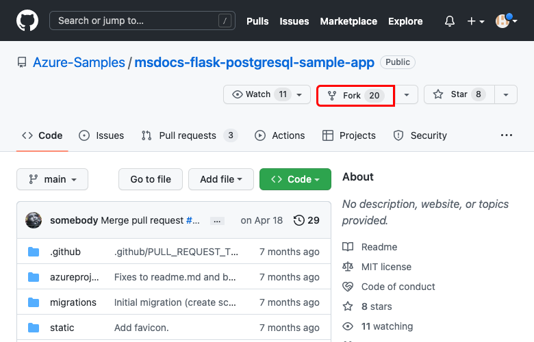 Uma captura de tela mostrando como criar uma bifurcação do repositório GitHub de exemplo (Flask).