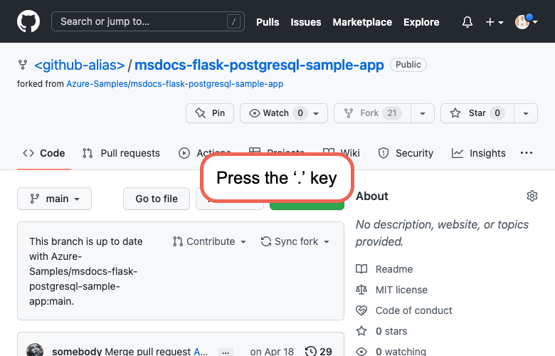 Uma captura de tela mostrando como abrir a experiência do navegador Visual Studio Code no GitHub (Flask).
