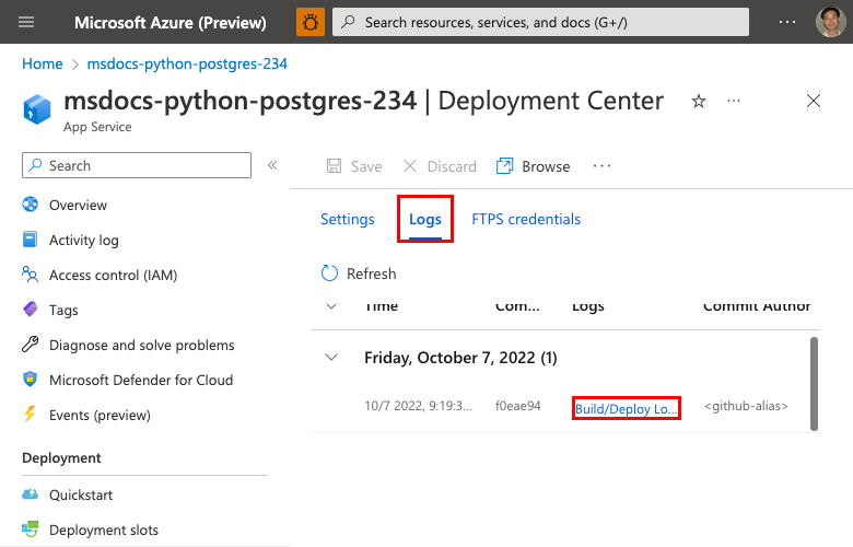 Uma captura de tela mostrando como abrir logs de implantação no centro de implantação (Flask).