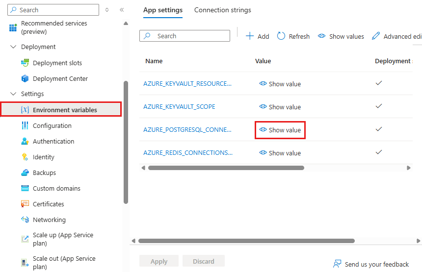 Uma captura de tela mostrando como ver o valor da variável de ambiente MySQL no Azure.
