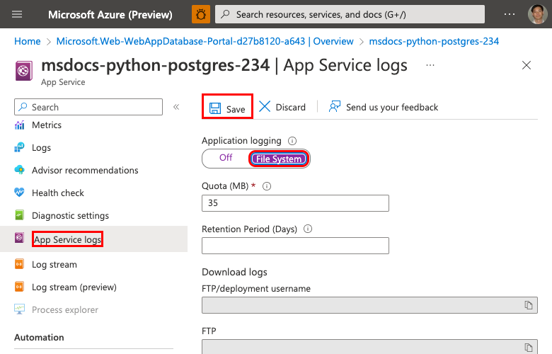 Uma captura de tela mostrando como habilitar logs nativos no Serviço de Aplicativo no portal do Azure.