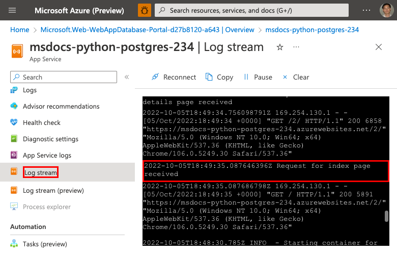 Uma captura de tela mostrando como exibir o fluxo de log no portal do Azure.