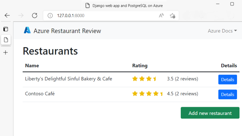 Uma imagem da aplicação web de Django com postgreSQL executando localmente mostrando restaurantes e avaliações de restaurantes.