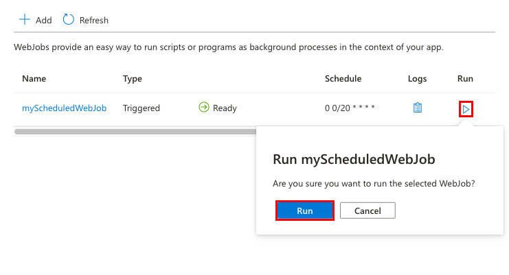 Captura de tela que mostra como executar um WebJob agendado manualmente no portal do Azure.