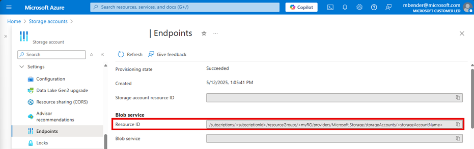 Captura de ecrã dos endpoints da conta de armazenamento.