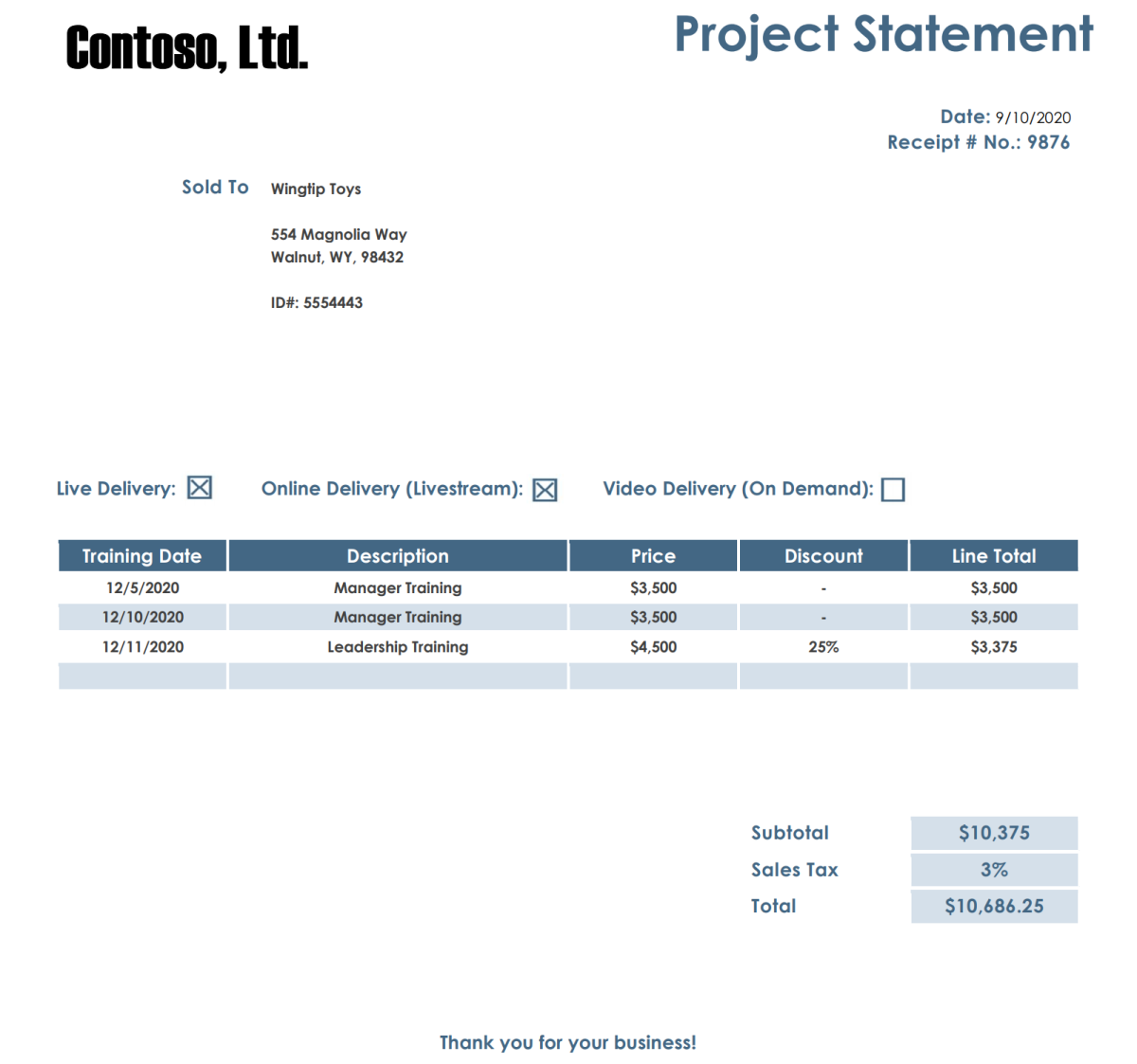 Documento de declaração do projeto Contoso com uma tabela.