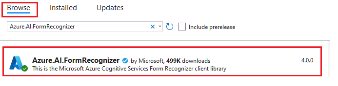 Captura de tela do pacote NuGet Form Recognizer selecionado no Visual Studio.