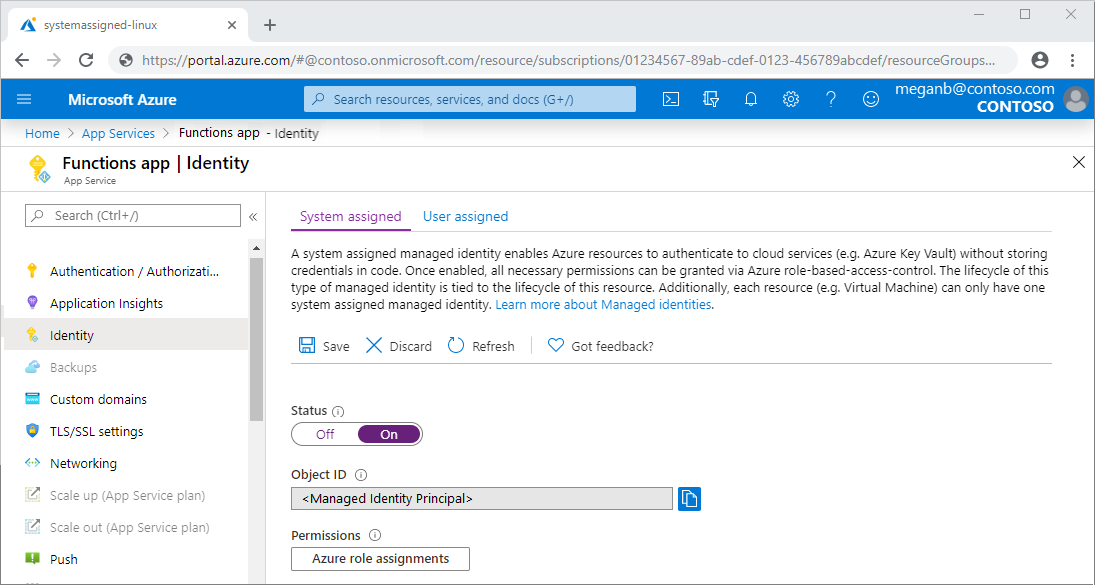 Captura de ecrã a mostrar como ativar a identidade gerida no portal do Azure.