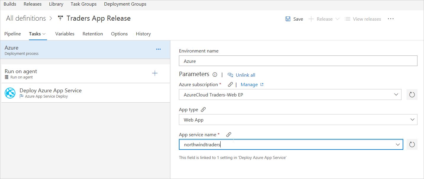 Definir o nome do serviço de aplicativo do Azure nos Serviços de DevOps do Azure