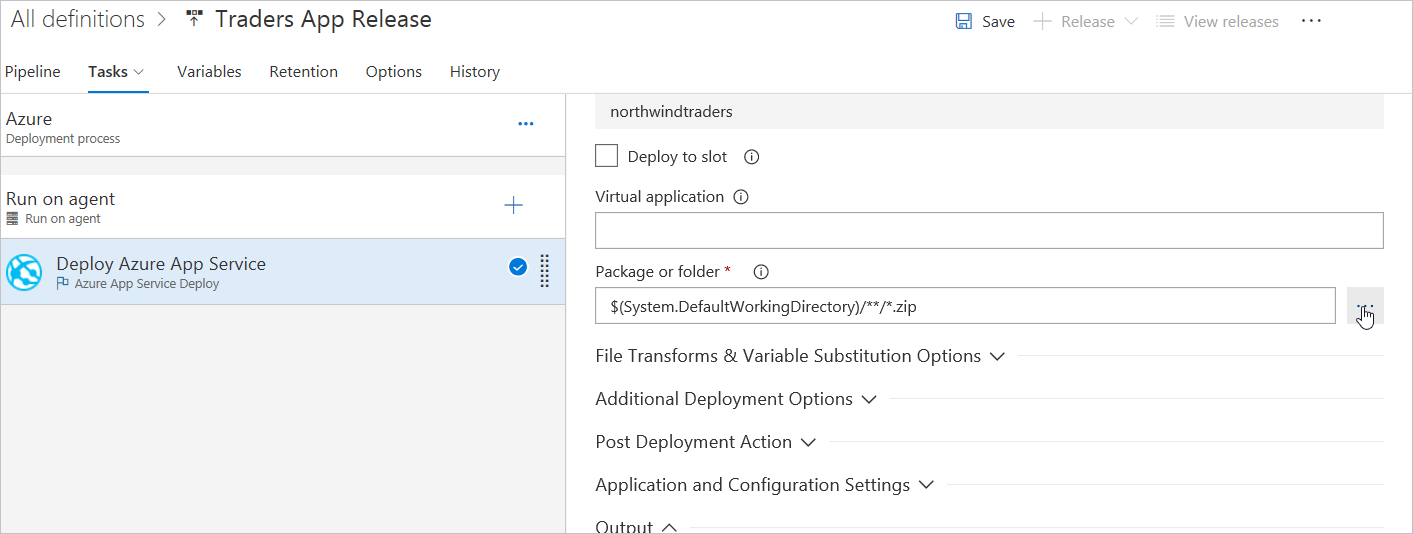 Selecionar pacote ou pasta para o ambiente do Serviço de Aplicativo do Azure nos Serviços de DevOps do Azure