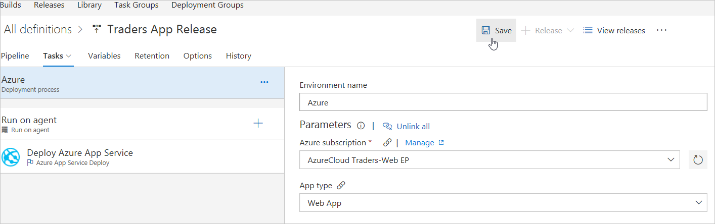 Salvar alterações no pipeline de lançamento nos Serviços de DevOps do Azure